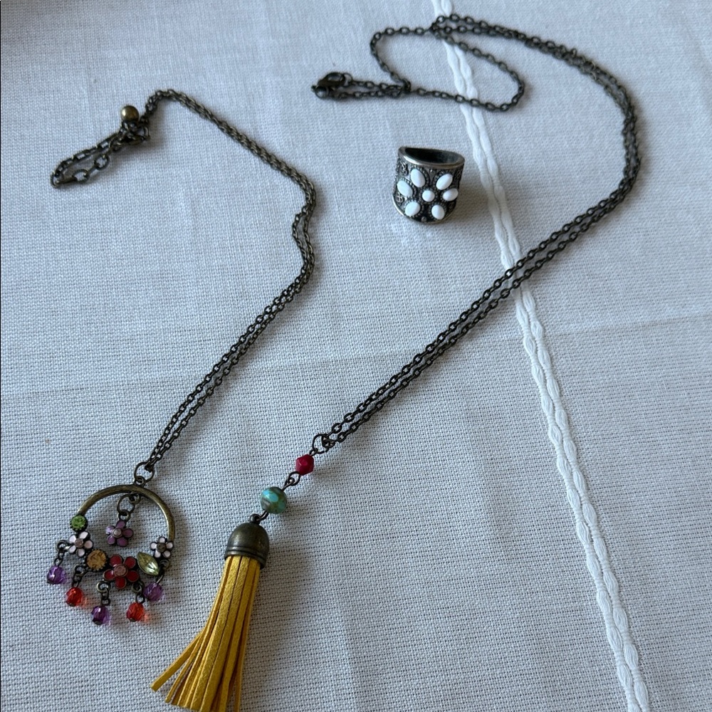 Bohemian Multicolor Tassel Necklace and Ring Set